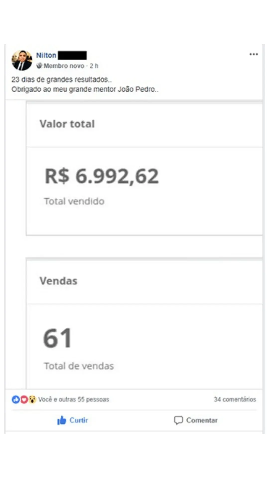 Aluno relatando 61 vendas em 23 dias