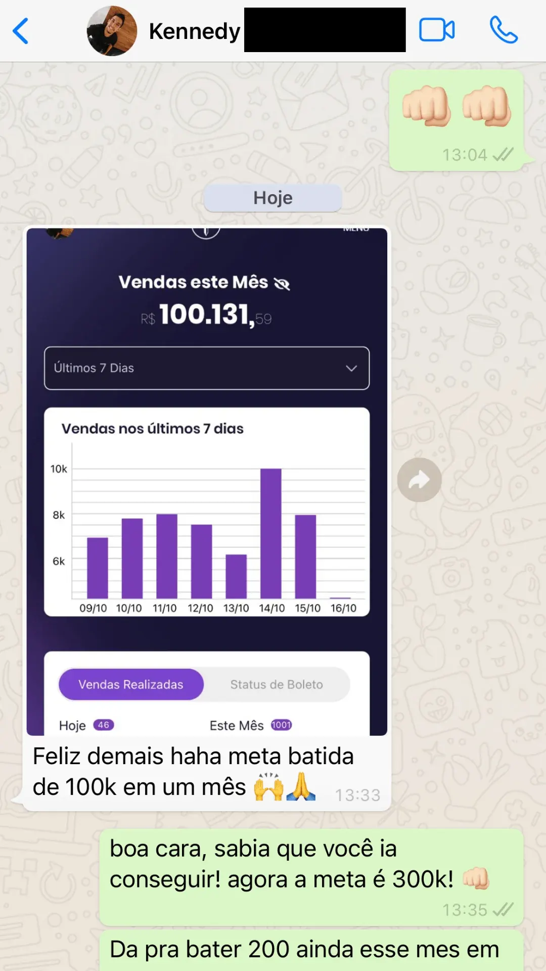 Aluno relatando meta de 100 mil batida no mes